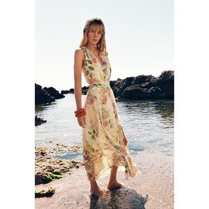 Zara Womens Cut Out Midi Dress M Medium Pink Green Floral 3468/317 NWT